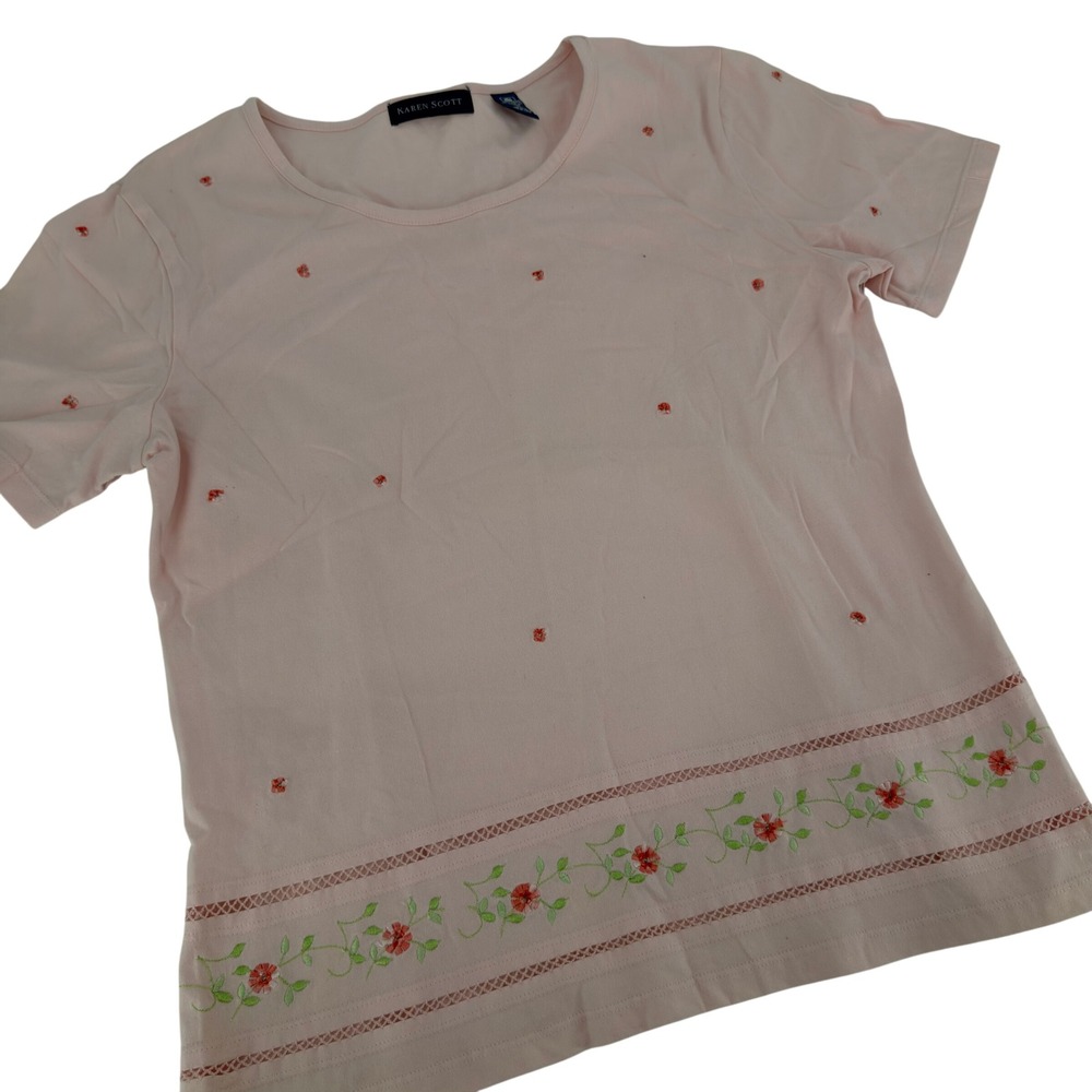 Karen Scott Pink Embroidered Floral T Shirt Womens Size Medium Short Sleeve